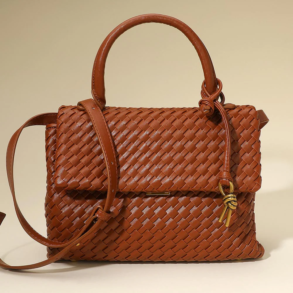 Faux Leather Woven Structured Top Handle Handbag Crossbody Bag - Image 4