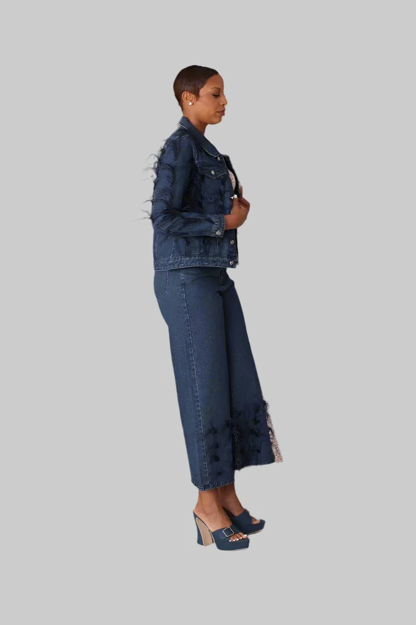 Feather Trim Denim Jacket - 82303 - Image 3