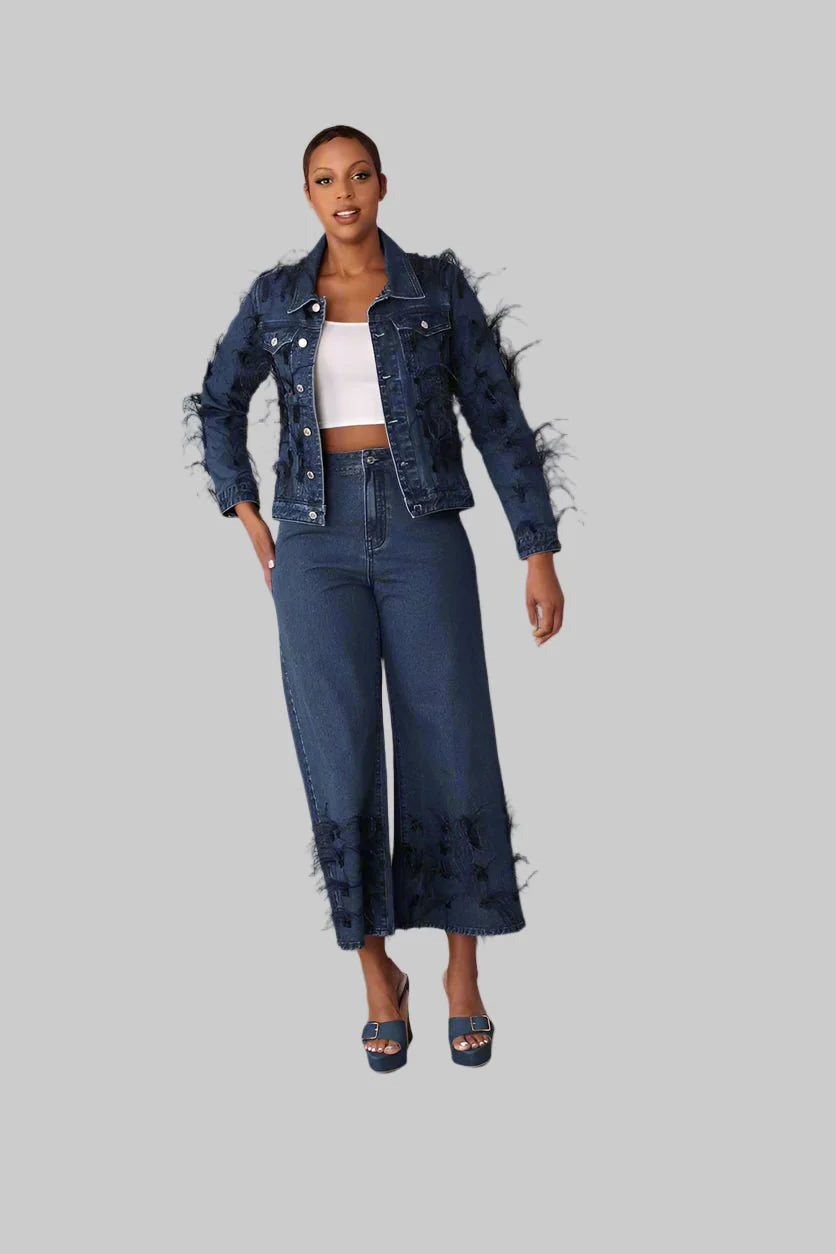 Feather Trim Denim Jacket - 82303 - Image 4