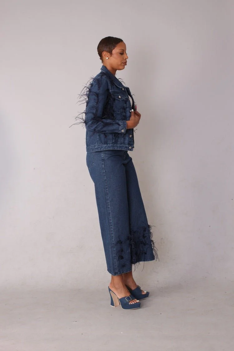 Feather Trim Wide Leg Jeans - 82304 - Image 3
