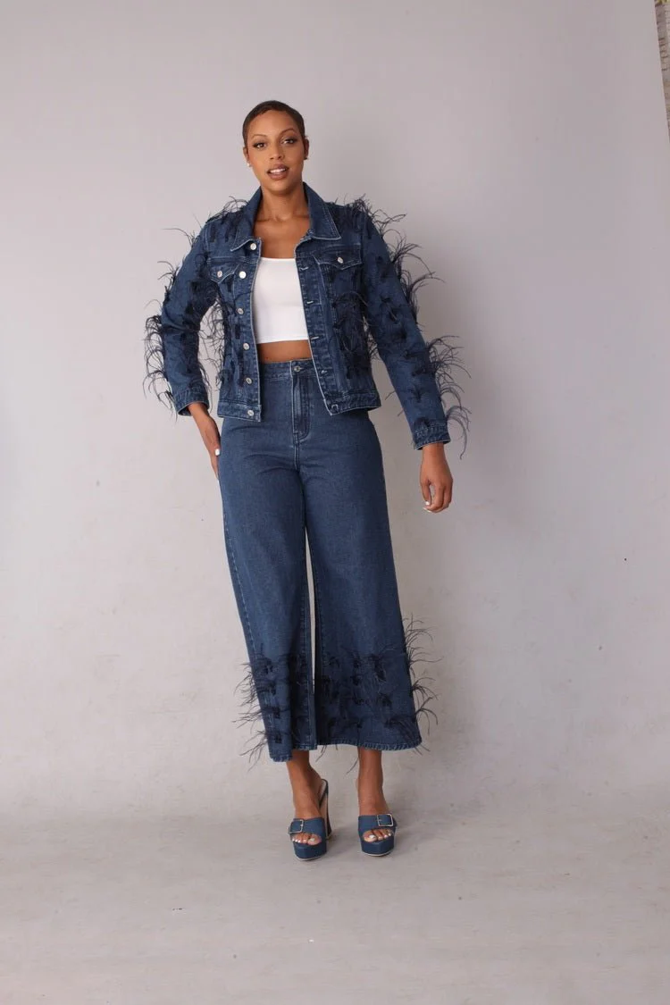 Feather Trim Wide Leg Jeans - 82304 - Image 4