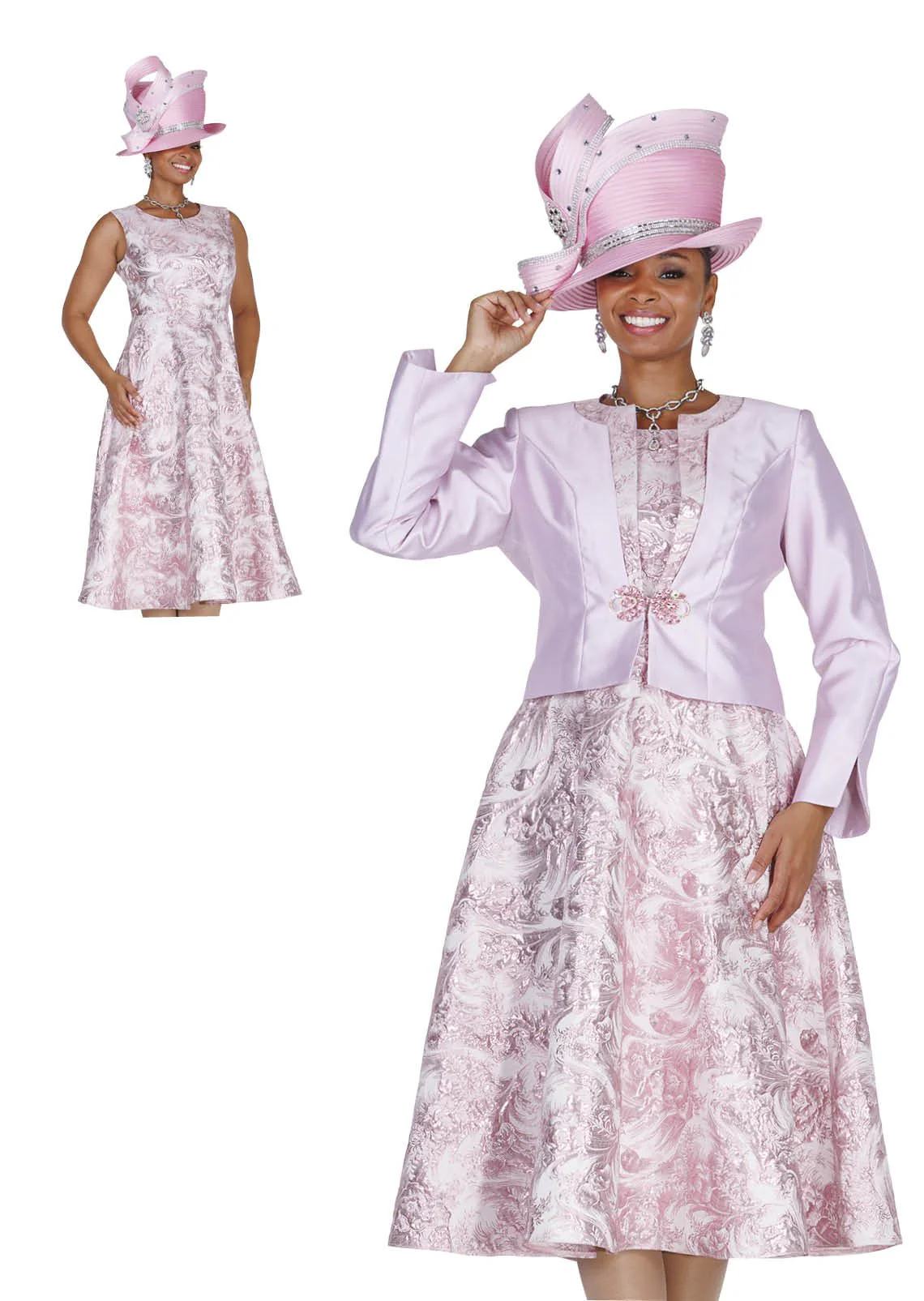 Floral Jacquard Sleeveless A-Line Dress with Cropped Satin Bolero Jacket - 6453