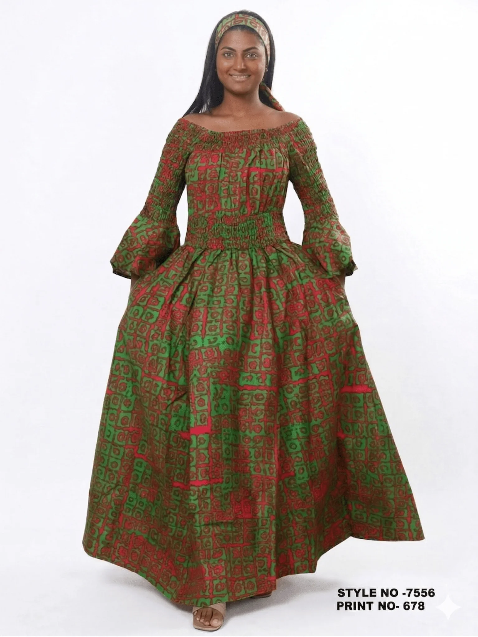 Geometric Off-Shoulder Bell-Sleeve Maxi Dress - Image 2
