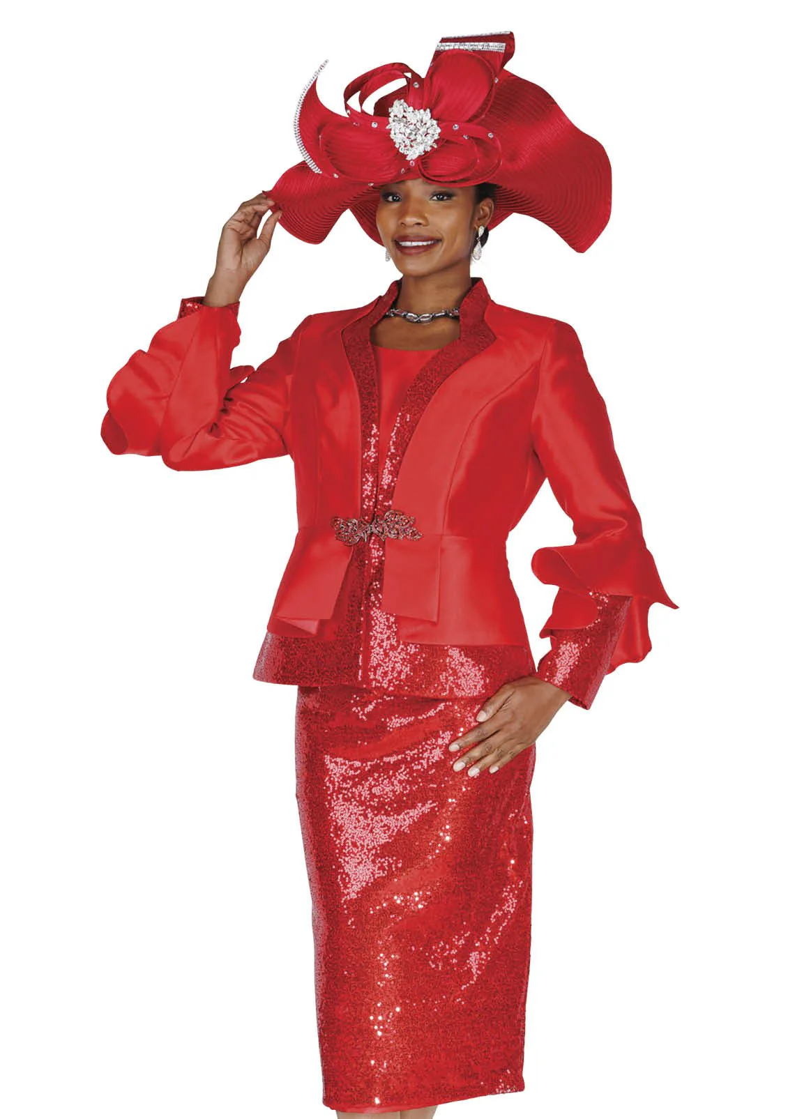 Glamorous Gold Sequin Skirt Suit with Peplum Jacket & Rhinestone Clasp