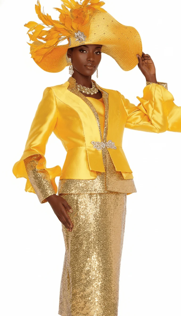 Glamorous Gold Sequin Skirt Suit with Peplum Jacket & Rhinestone Clasp - Image 2