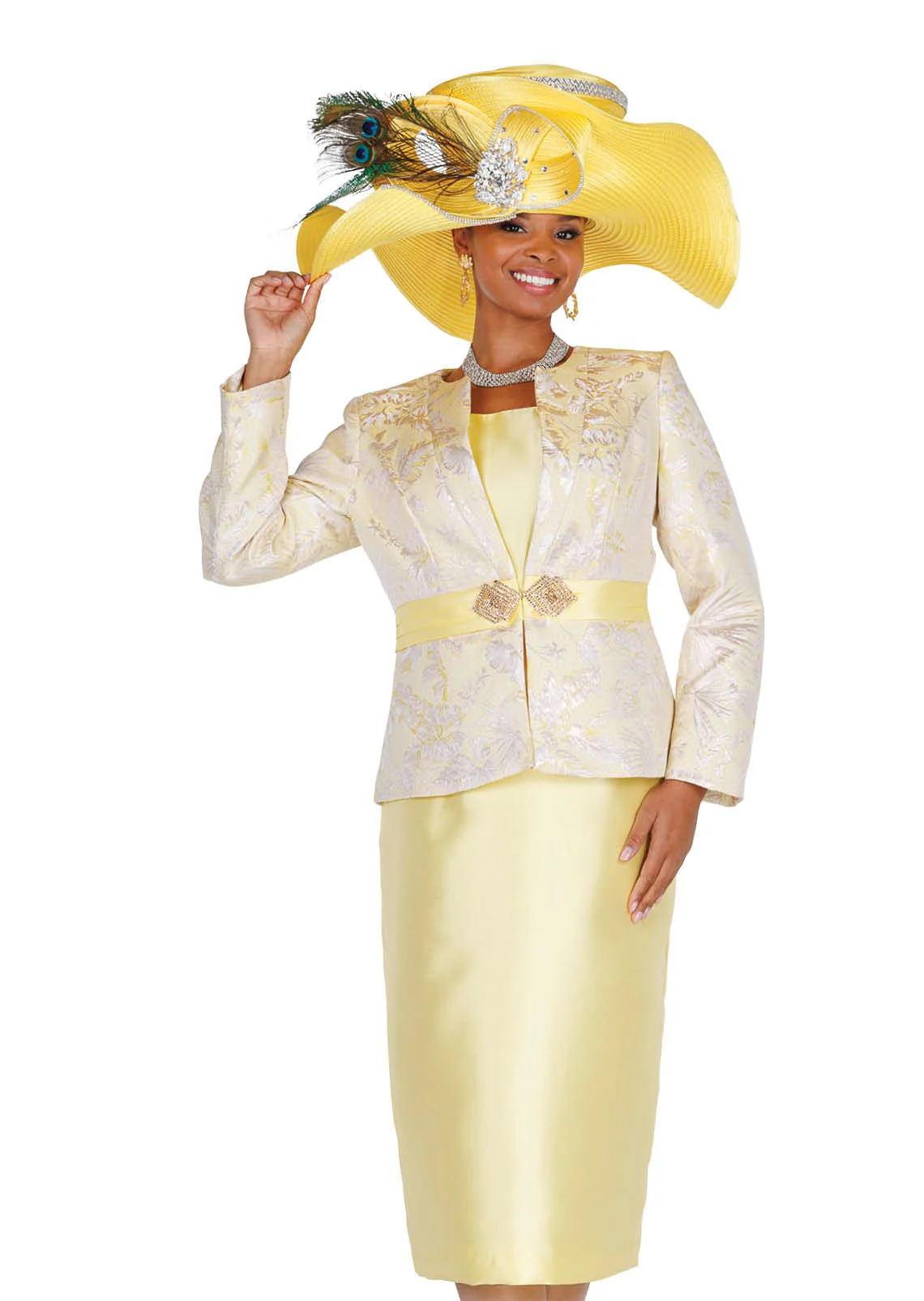 Gold Floral Brocade 2-Piece Skirt Suit with Rhinestone Waist Clasp - 6217