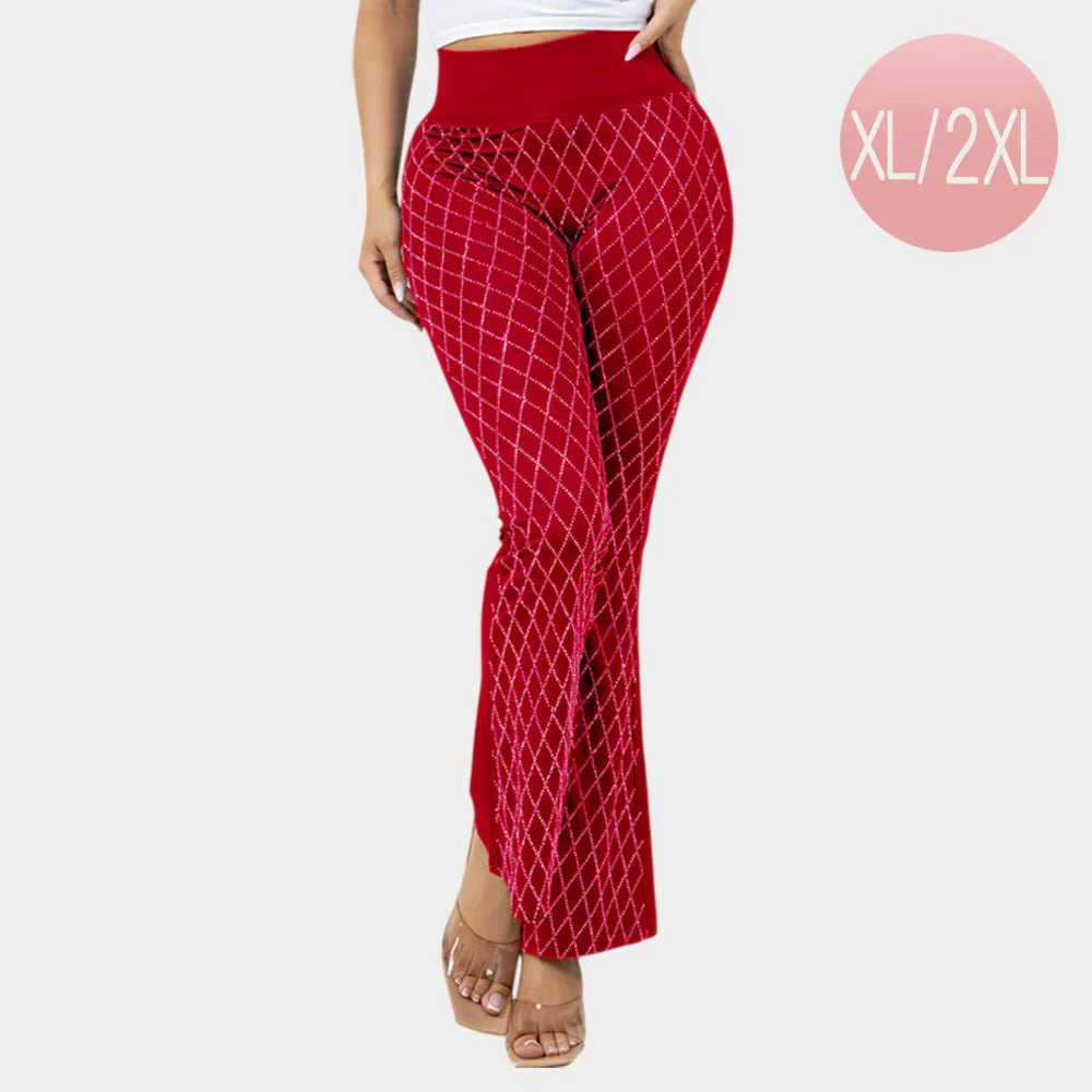 High Waisted Bling Studded Diamond Pattern Flare Leggings - Image 13