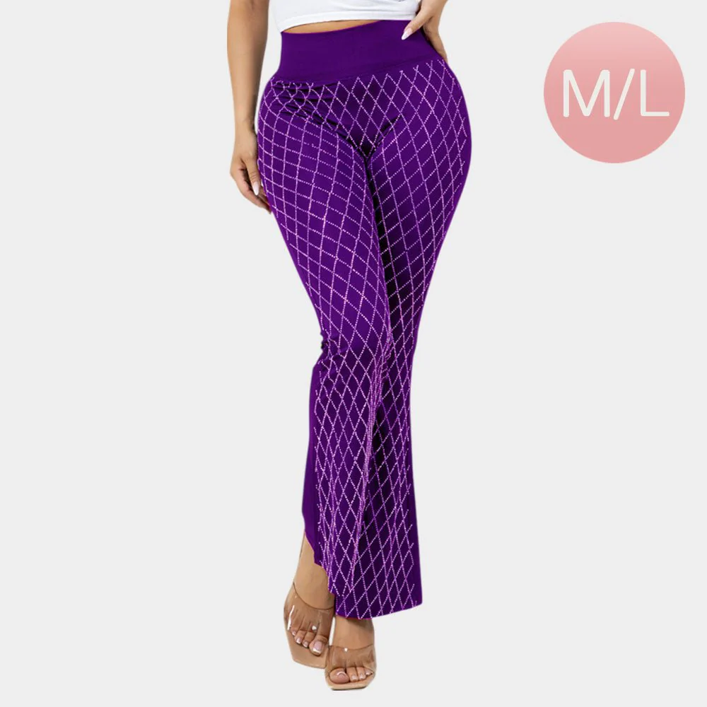 High Waisted Bling Studded Diamond Pattern Flare Leggings - Image 5