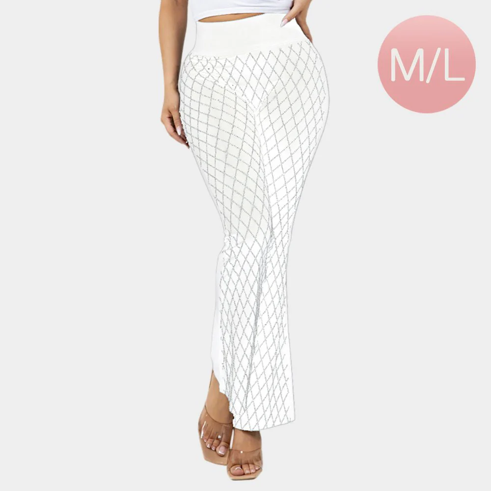 High Waisted Bling Studded Diamond Pattern Flare Leggings - Image 9