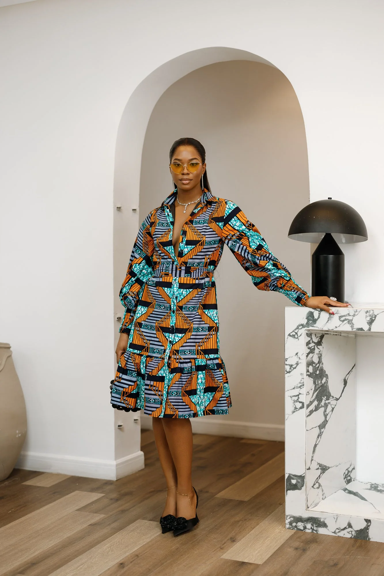 JUMOKE AFRICAN PRINT RUFFLE HEM SHIRT DRESS [MULTICOLOR] - Image 3