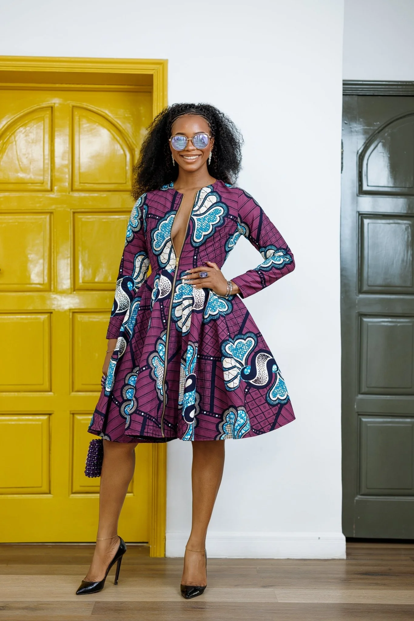KEITA AFRICAN PRINT ZIP FRONT FLARE DRESS [PURPLE] - Image 2