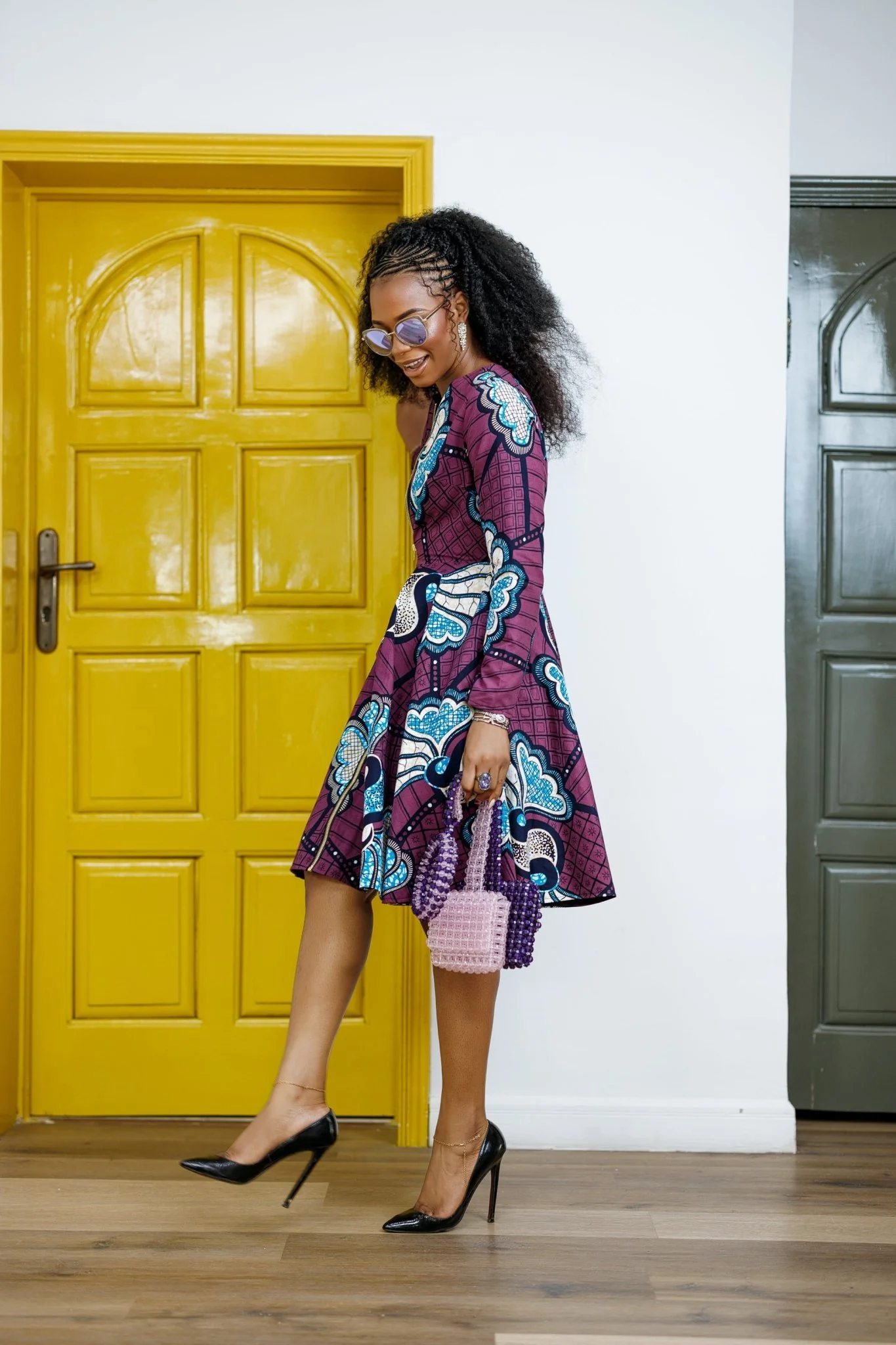 KEITA AFRICAN PRINT ZIP FRONT FLARE DRESS [PURPLE] - Image 3