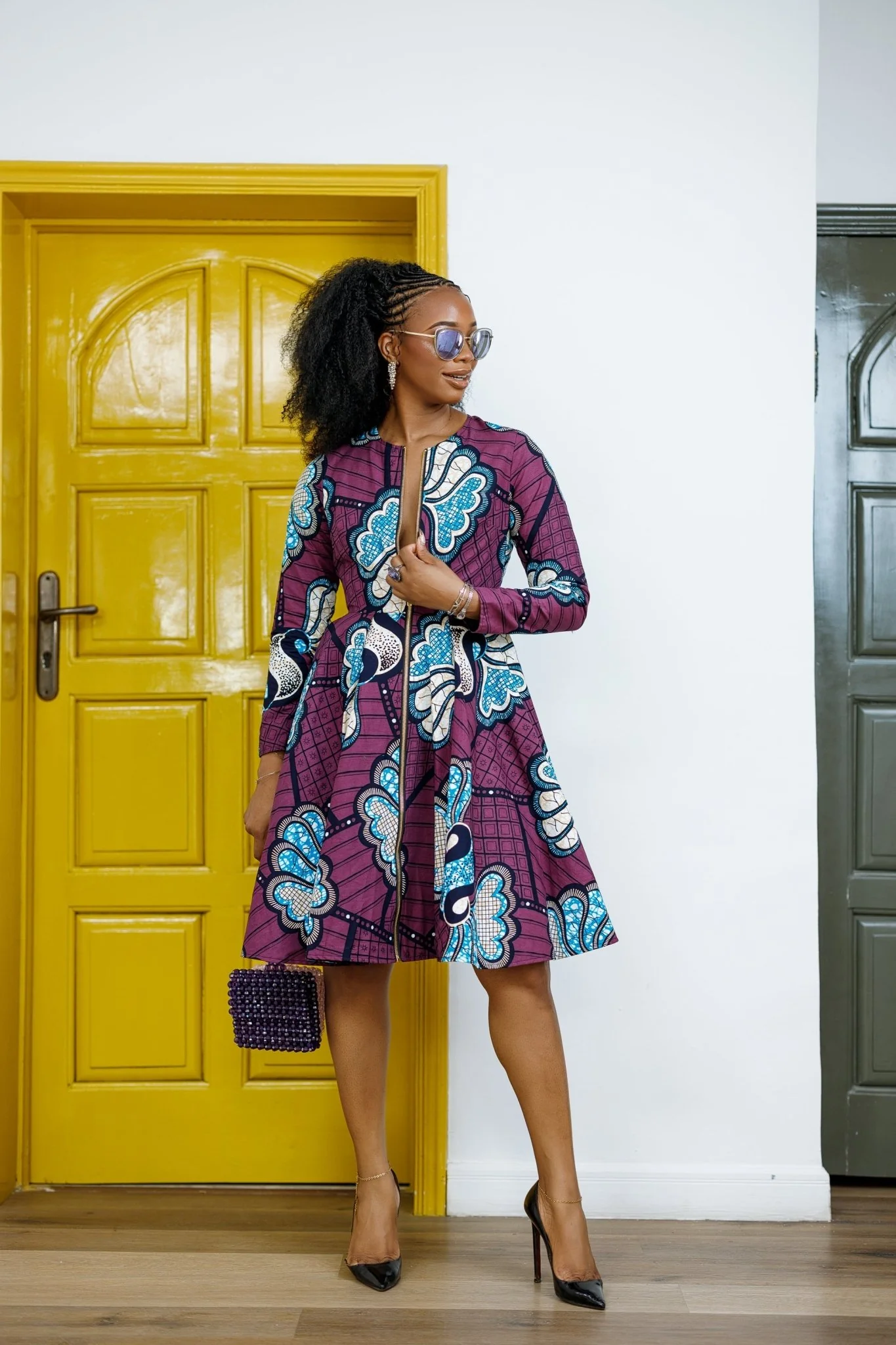 KEITA AFRICAN PRINT ZIP FRONT FLARE DRESS [PURPLE] - Image 4