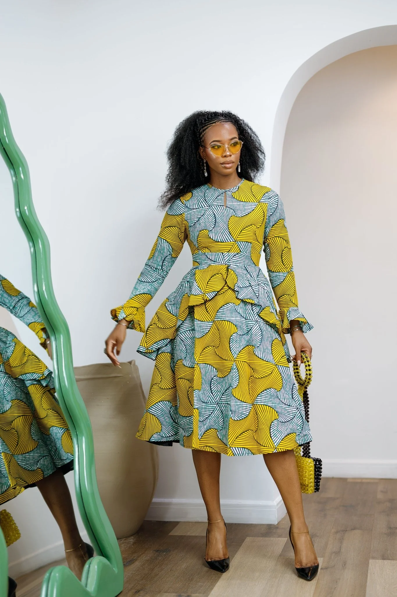 KOFI AFRICAN PRINT LAYERED FLARE MIDI DRESS [TEAL GREEN] - Image 2