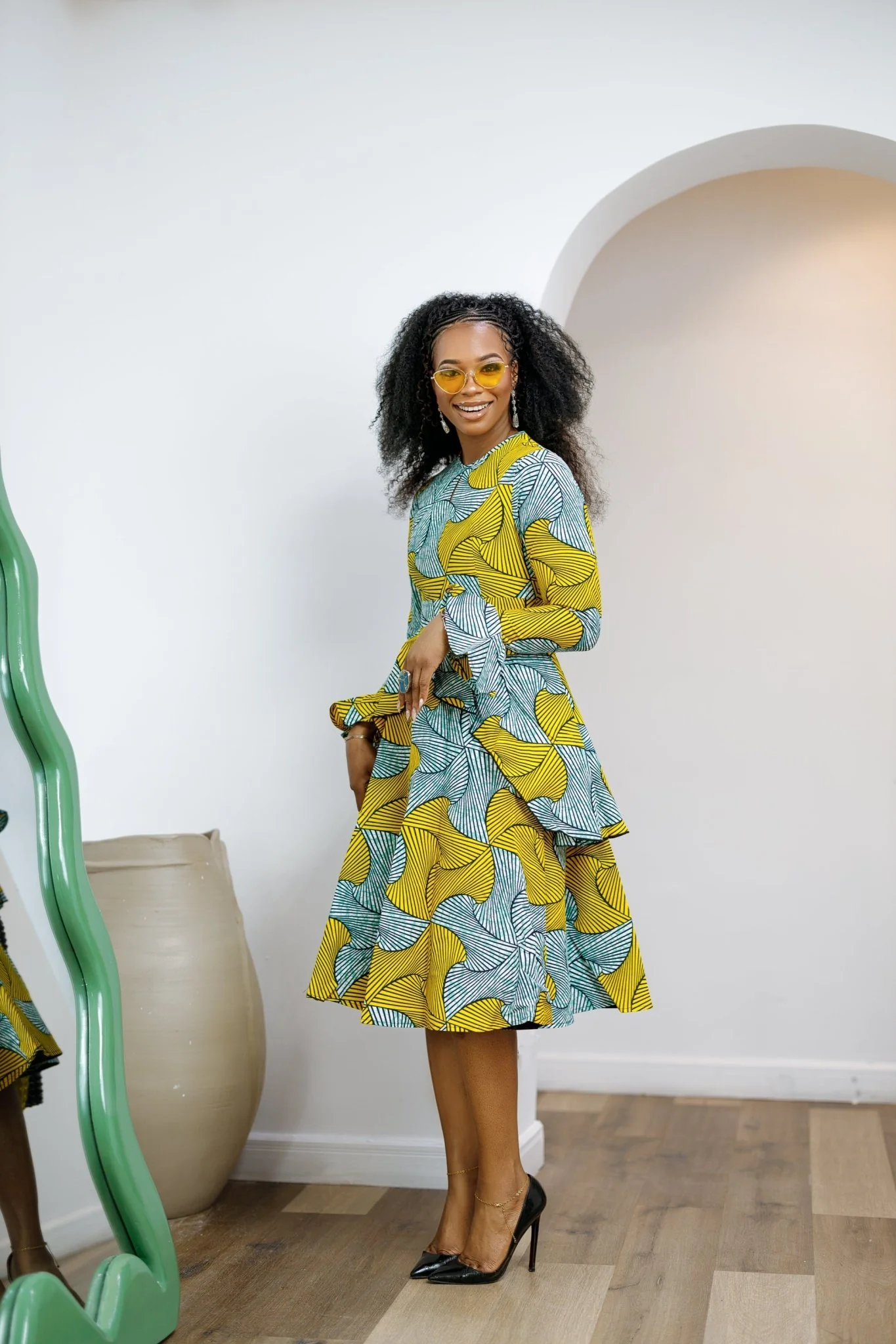 KOFI AFRICAN PRINT LAYERED FLARE MIDI DRESS [TEAL GREEN] - Image 3