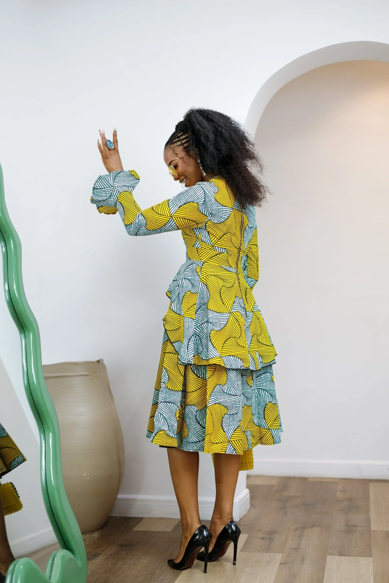 KOFI AFRICAN PRINT LAYERED FLARE MIDI DRESS [TEAL GREEN] - Image 4