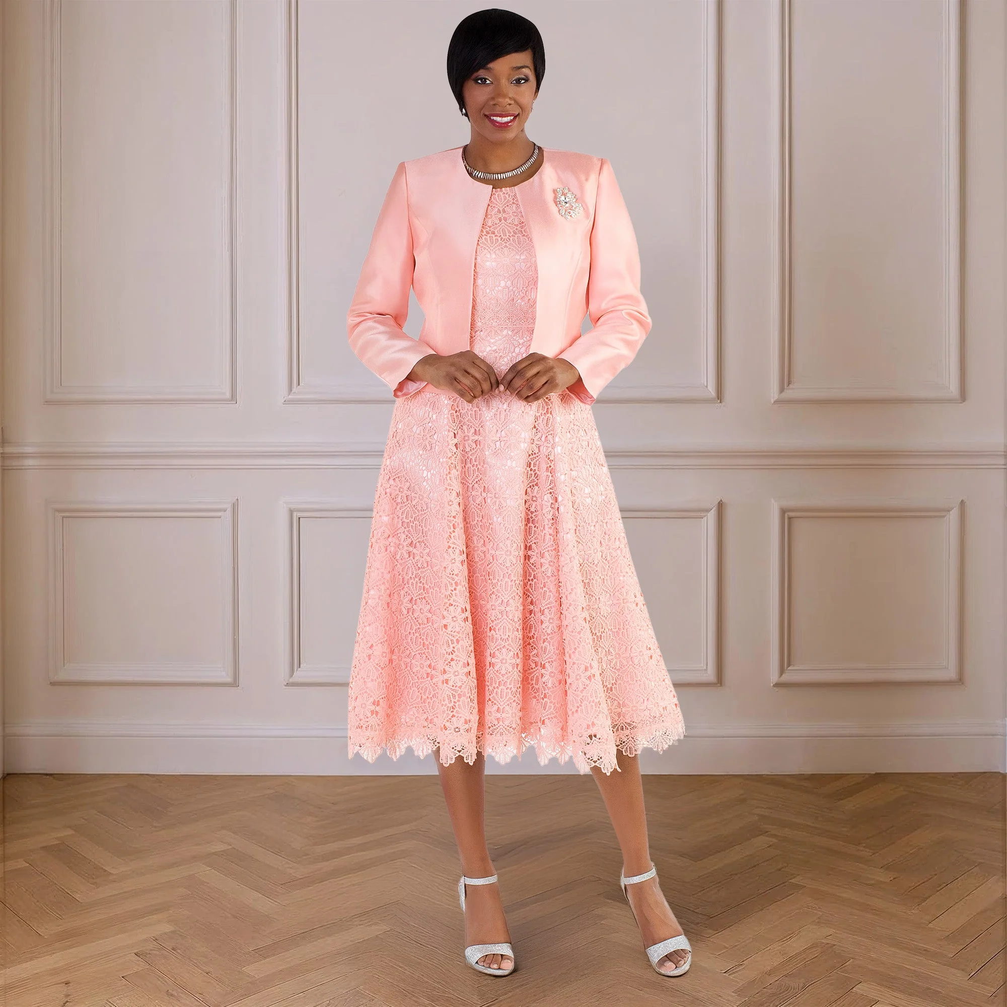 Lace Church Dress with Satin Jacket Set- 4529 - Image 8
