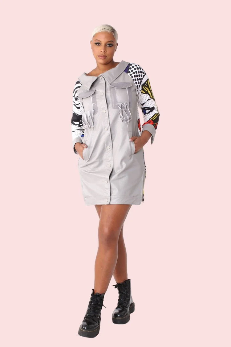 Leather and Printed Sleeve Long Jacket  - 81845 - Image 7