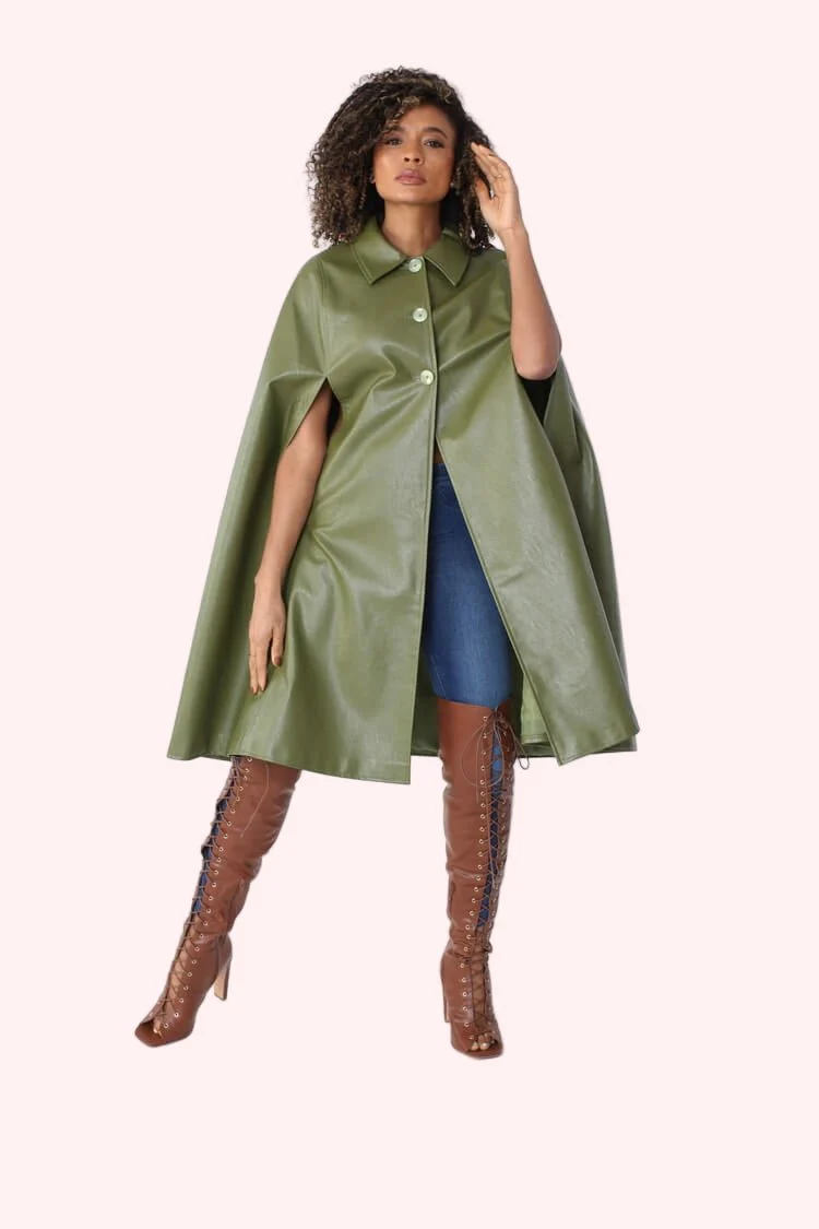 Leather Cape Coat -82048 - Image 3