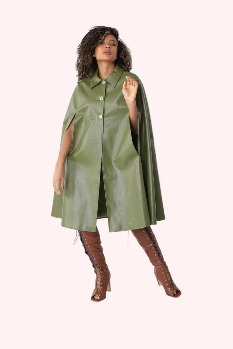 Leather Cape Coat -82048 - Image 4