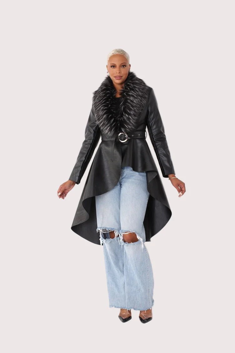 Leather Coat with Fur Collar -82054 - Image 2