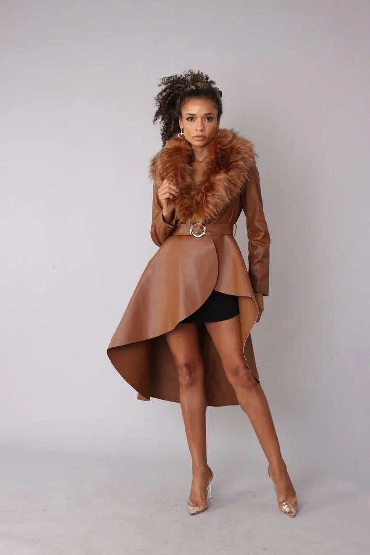 Leather Coat with Fur Collar -82054 - Image 3