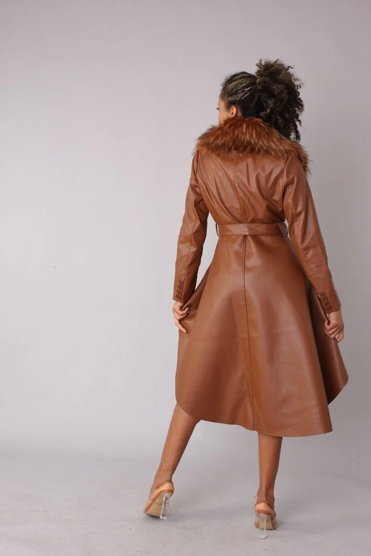 Leather Coat with Fur Collar -82054 - Image 4