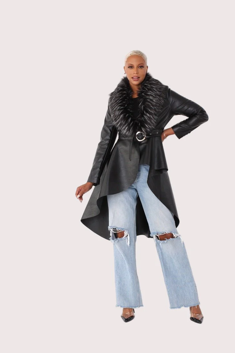 Leather Coat with Fur Collar -82054 - Image 7