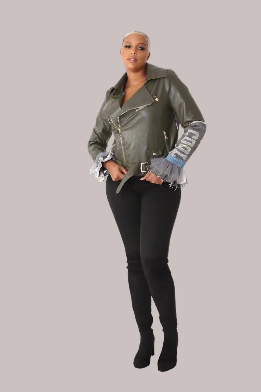 Leather Jacket with Denim Patchwork & Tulle Cuffs -81827