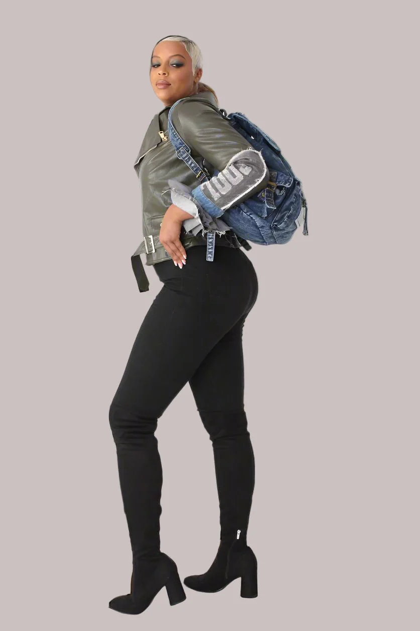 Leather Jacket with Denim Patchwork & Tulle Cuffs -81827 - Image 2