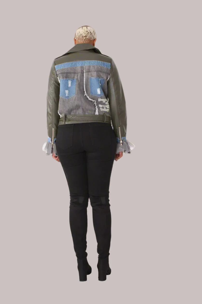 Leather Jacket with Denim Patchwork & Tulle Cuffs -81827 - Image 3