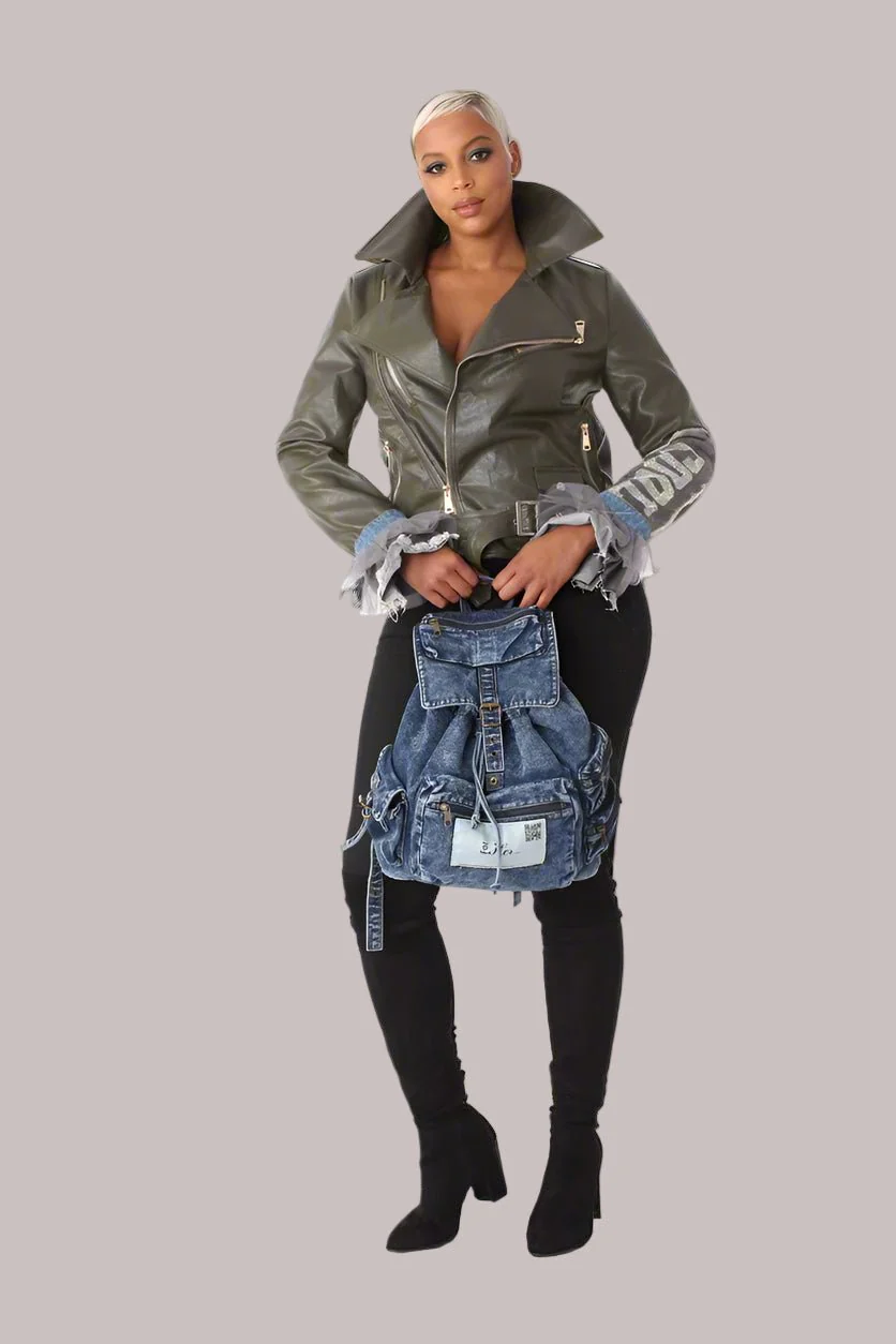 Leather Jacket with Denim Patchwork & Tulle Cuffs -81827 - Image 4