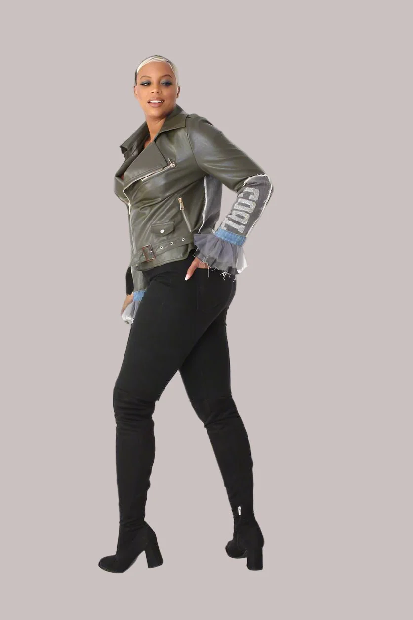 Leather Jacket with Denim Patchwork & Tulle Cuffs -81827 - Image 5