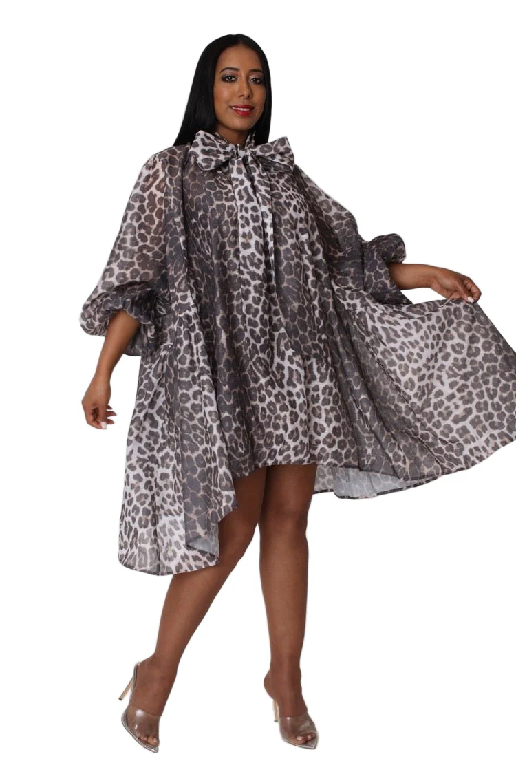 Leopard Print Organza Bow Dress- 82752