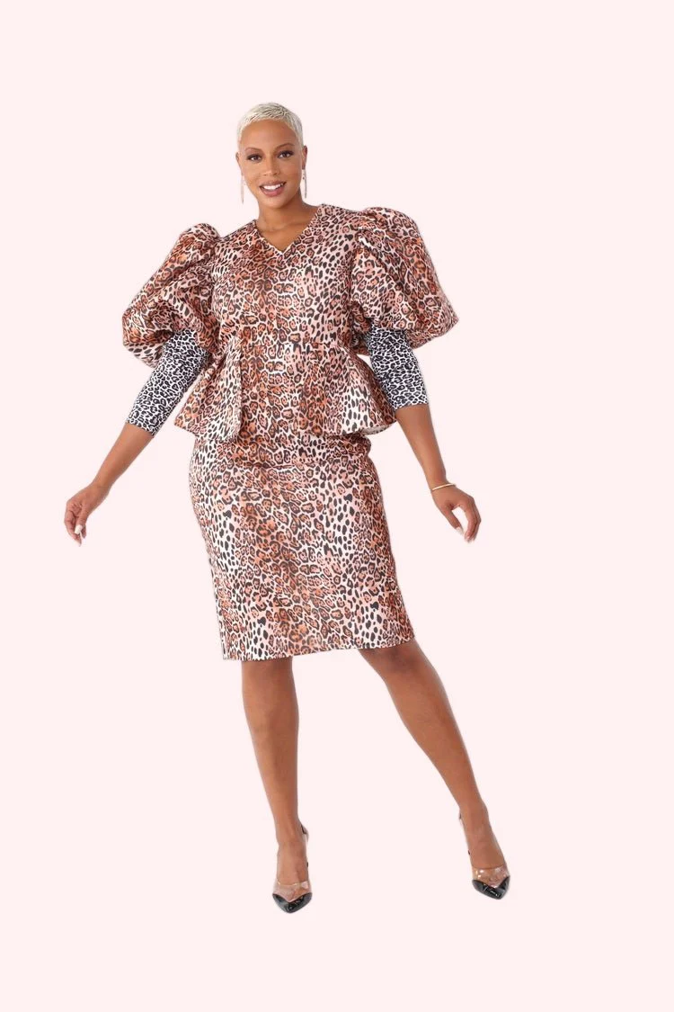 Leopard Print Puff-Sleeve Peplum Dress -82143 - Image 2
