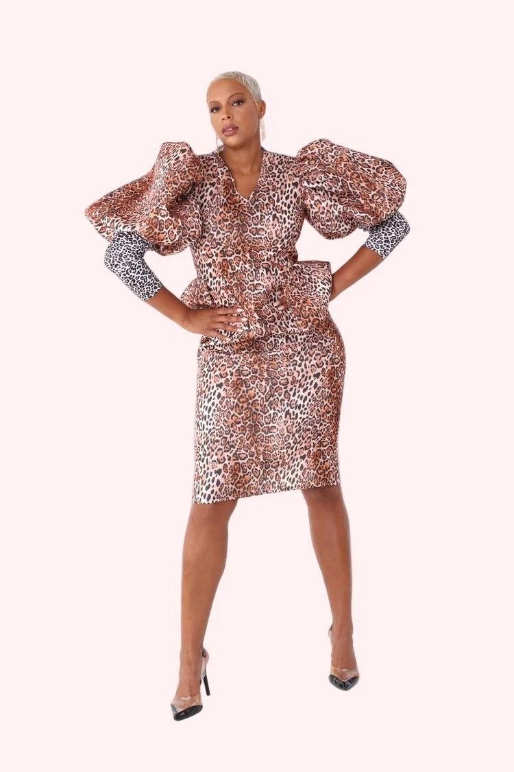 Leopard Print Puff-Sleeve Peplum Dress -82143 - Image 4