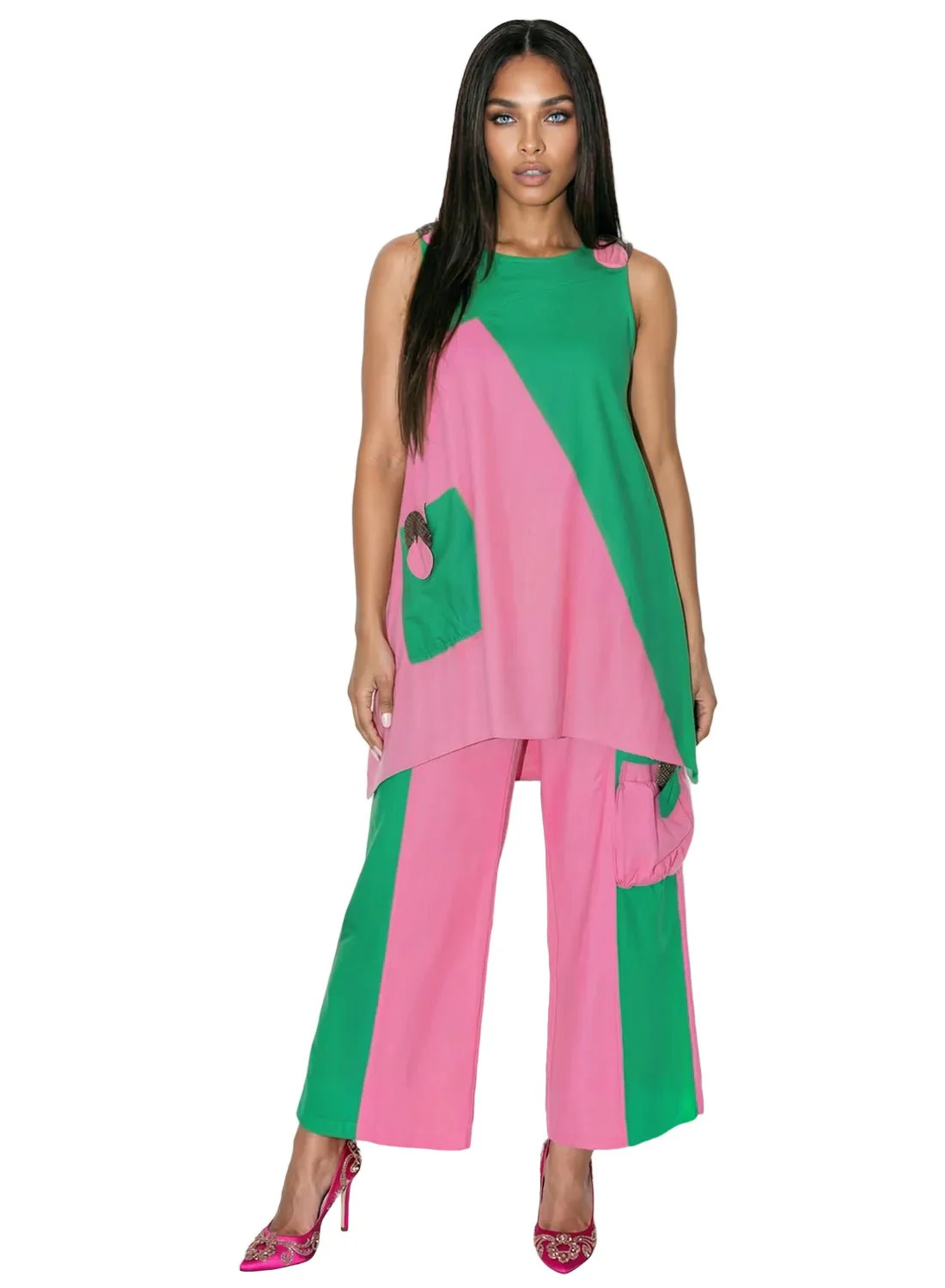Color Block Asymmetric Tunic and Wide Leg Pant Set by Lisa Rene - Image 2