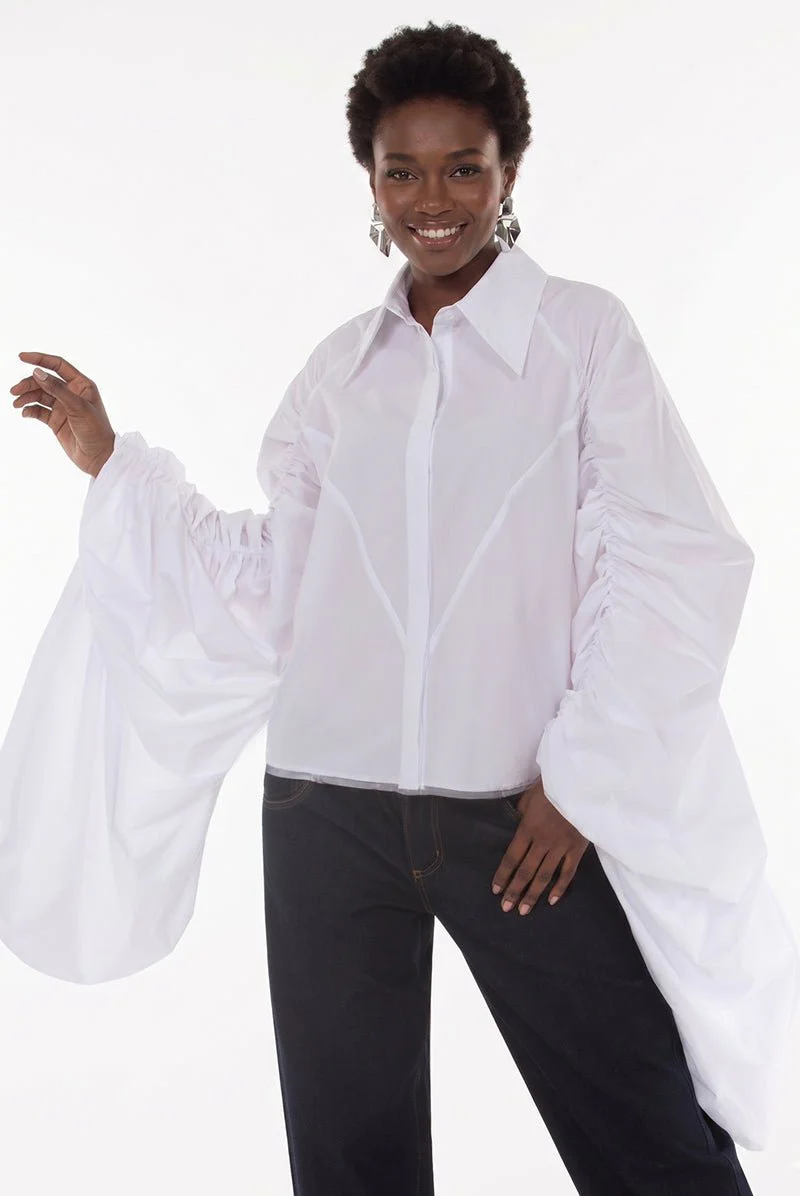 Ruched Balloon Sleeve Button Down Top by Love The Queen - Image 3