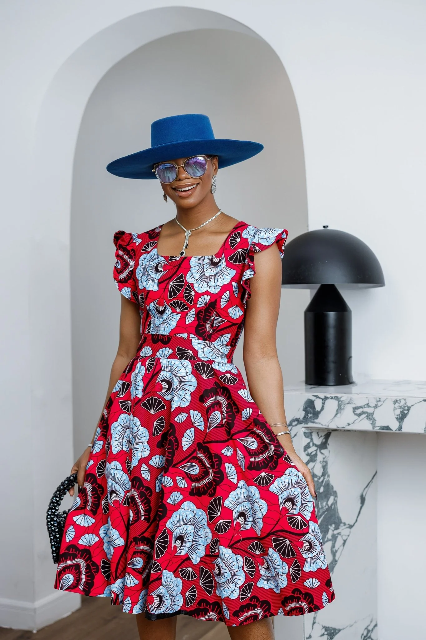 MALIKA AFRICAN PRINT FRILL SLEEVE DRESS [RED] - Image 2