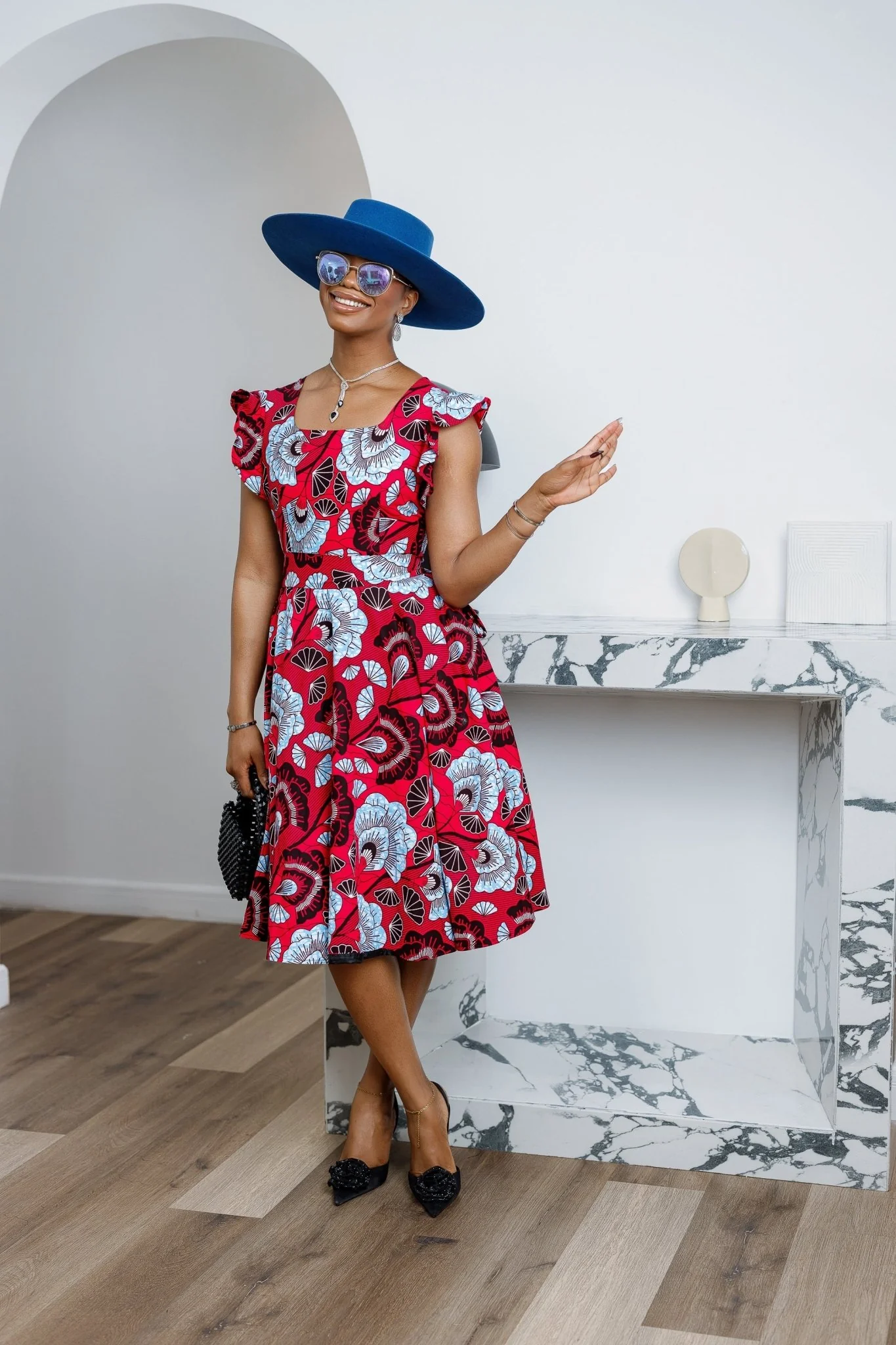 MALIKA AFRICAN PRINT FRILL SLEEVE DRESS [RED] - Image 3