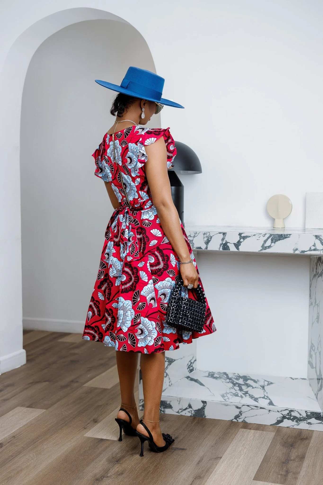 MALIKA AFRICAN PRINT FRILL SLEEVE DRESS [RED] - Image 4