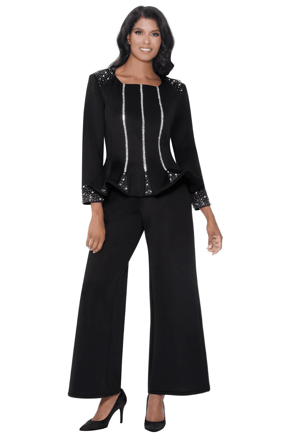Matching Set with Palazzo Pants, Rhinestone and Pearl Trimmed Top SL600472