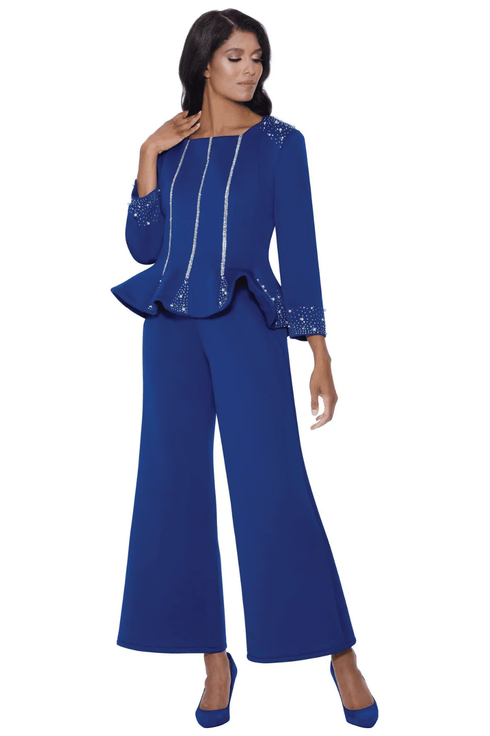 Matching Set with Palazzo Pants, Rhinestone and Pearl Trimmed Top SL600472 - Image 3