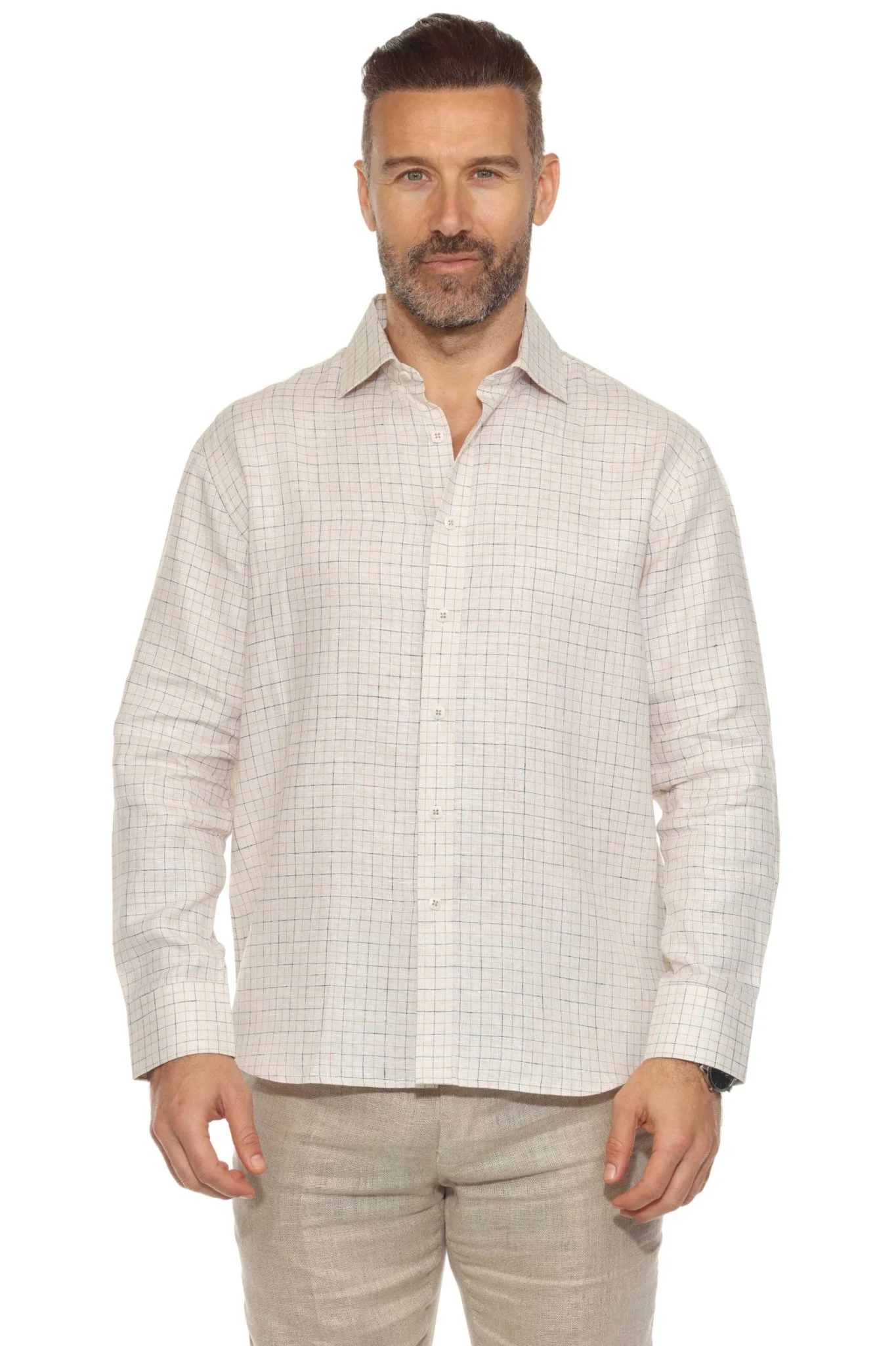 Men’s 100% Linen Long Sleeve Checkered Button-Down Shirt - Image 10