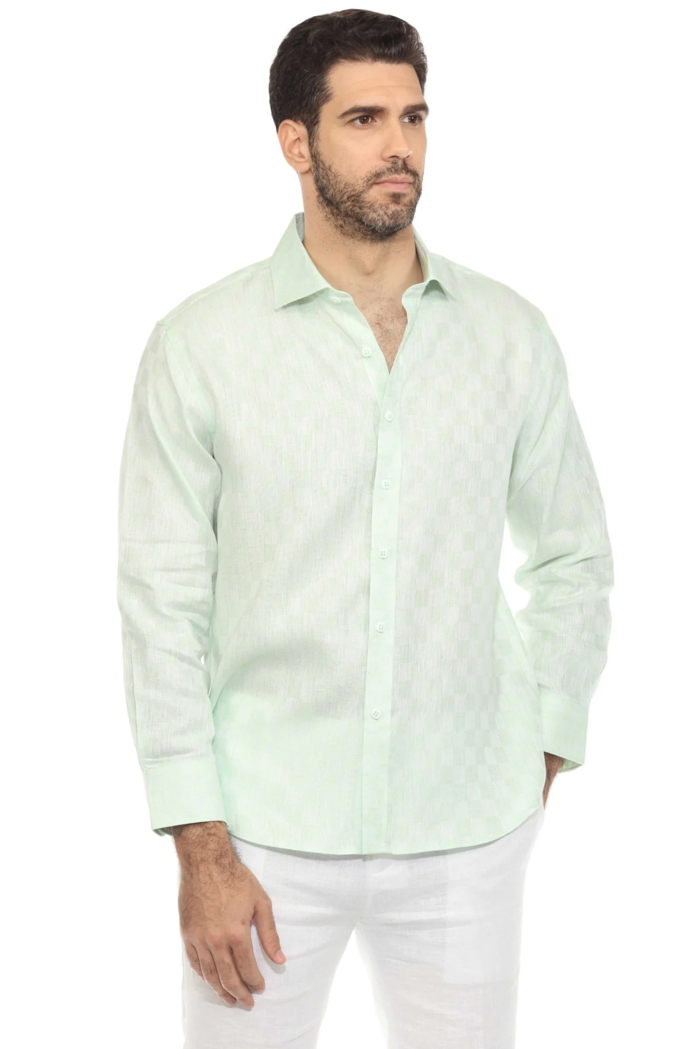 Men’s 100% Linen Long Sleeve Checkered Button-Down Shirt - Image 5