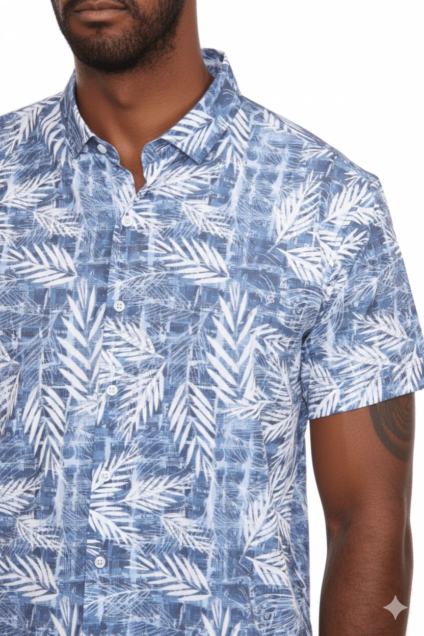 Men’s Blue Leaf Short Sleeve Stretch Shirt - Image 2