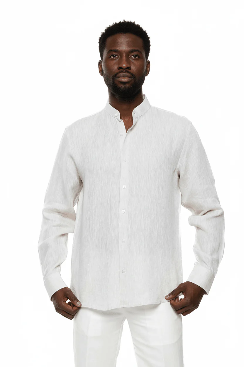 Men's 100% Linen Mandarin Collar Long Sleeve Shirt