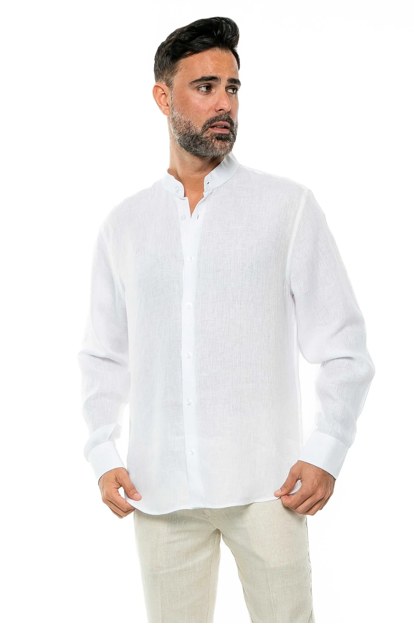 Men's 100% Linen Mandarin Collar Long Sleeve Shirt - Image 10