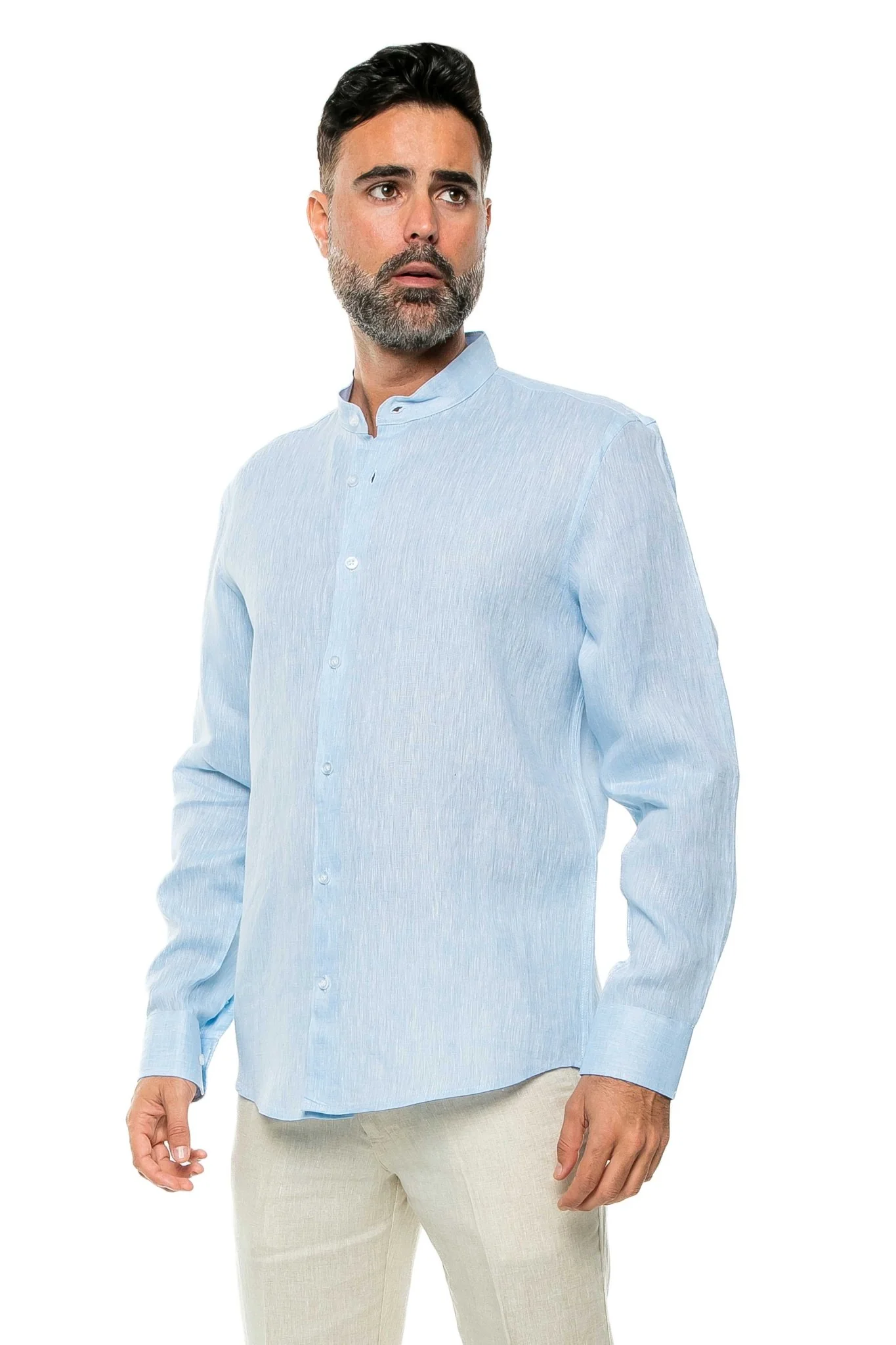 Men's 100% Linen Mandarin Collar Long Sleeve Shirt - Image 17