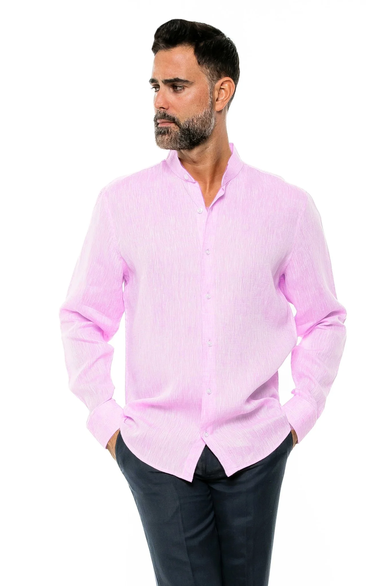 Men's 100% Linen Mandarin Collar Long Sleeve Shirt - Image 18